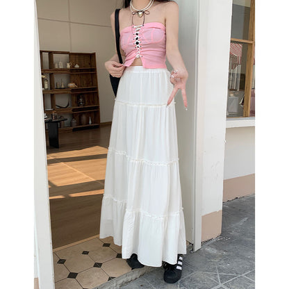 Summer High Waist Elastic Waist Pleated Casual Mid-length Skirt