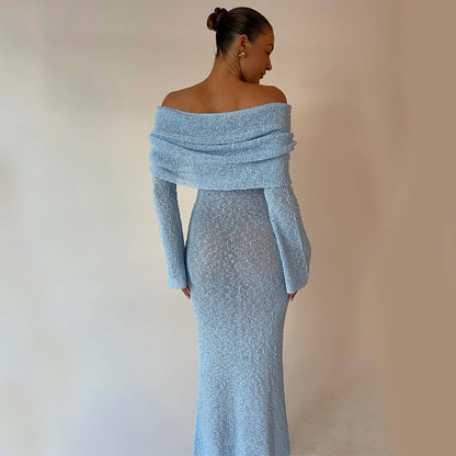 Off-shoulder Knitted Long-sleeved Maxi Dress