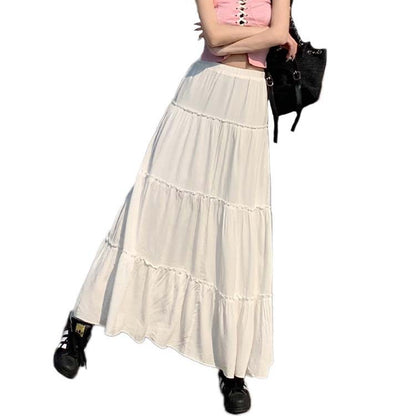 Summer High Waist Elastic Waist Pleated Casual Mid-length Skirt