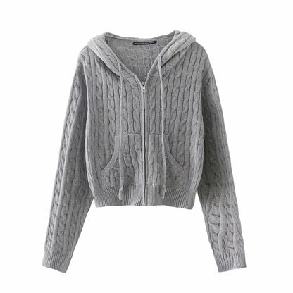 Short Spring And Autumn Hooded Twist Knitted Cardigan Coat For Women