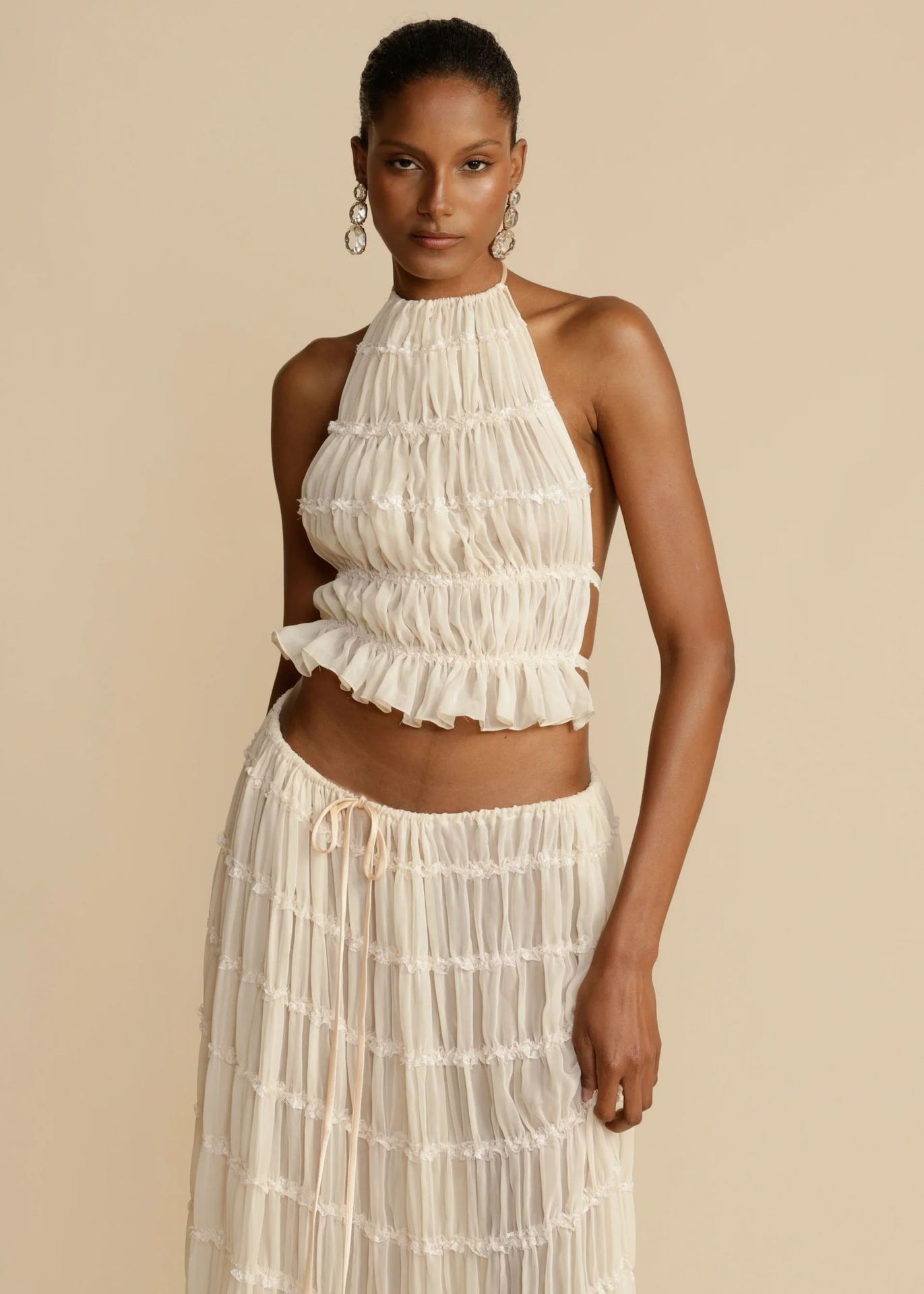 Backless Cropped Halter Top And Pleated Long Skirt Set