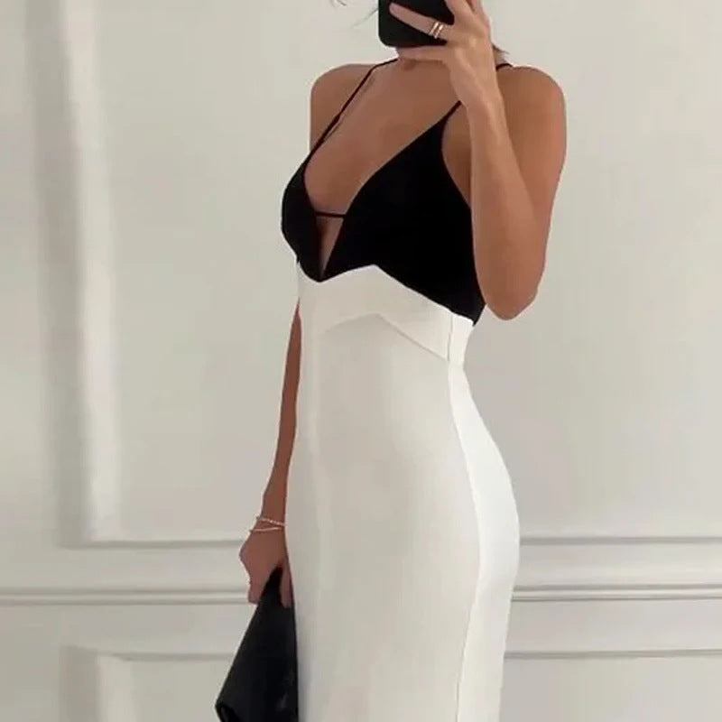 Elegant Splicing Black And White Maxi Dress