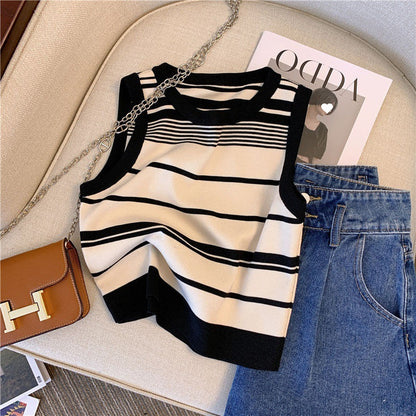 French Sweet Hot Girl Striped Sleeveless Knitwear