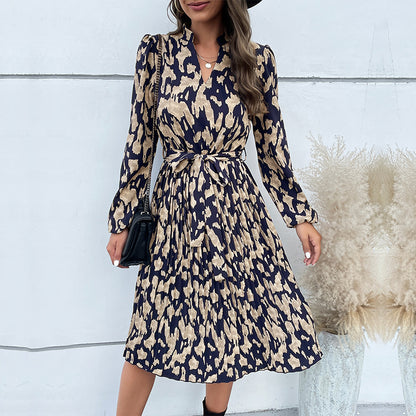 Women's Pleated Print Long Sleeve Dress