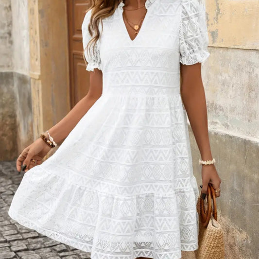 Summer V-neck Solid Color Hollow Women Dress