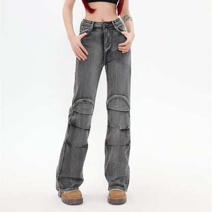 Pants Fashion Brand Washed Old Pleated Slightly Flared Jeans