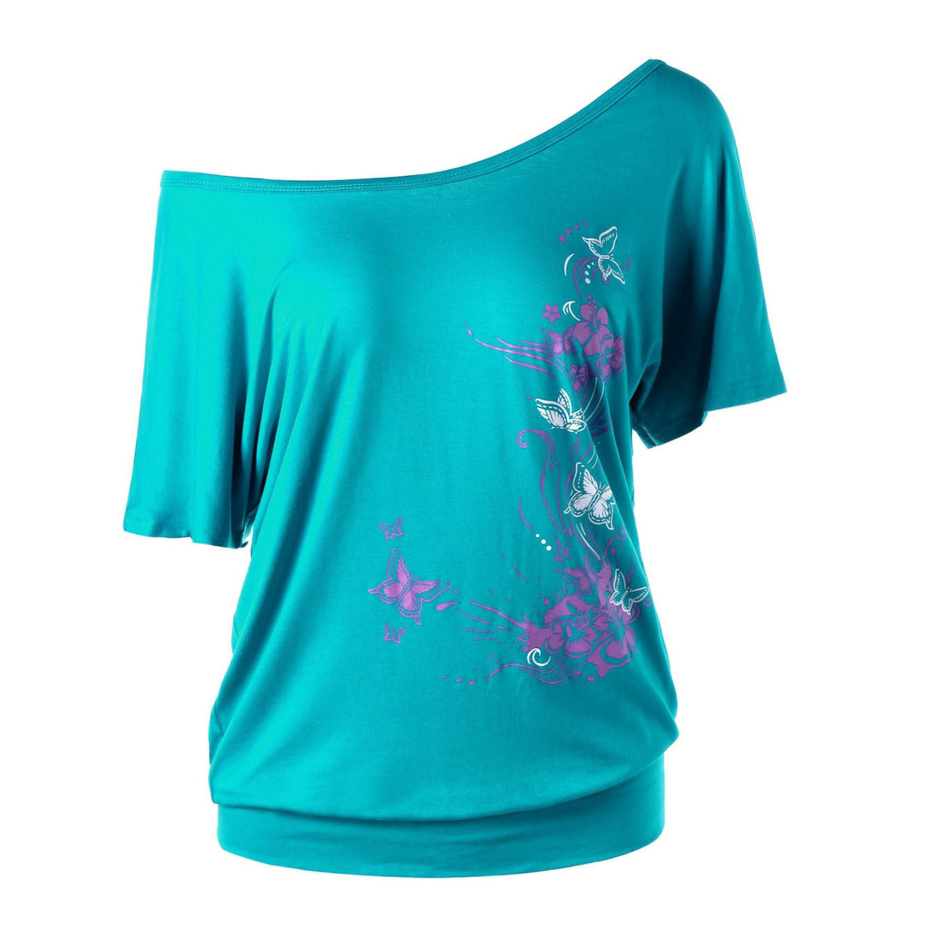 Women's Fashion Casual Loose Diagonal Neck Butterfly Print Short Sleeve T-Shirt