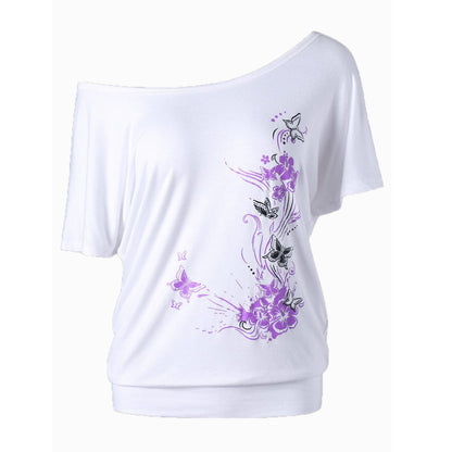 Women's Fashion Casual Loose Diagonal Neck Butterfly Print Short Sleeve T-Shirt