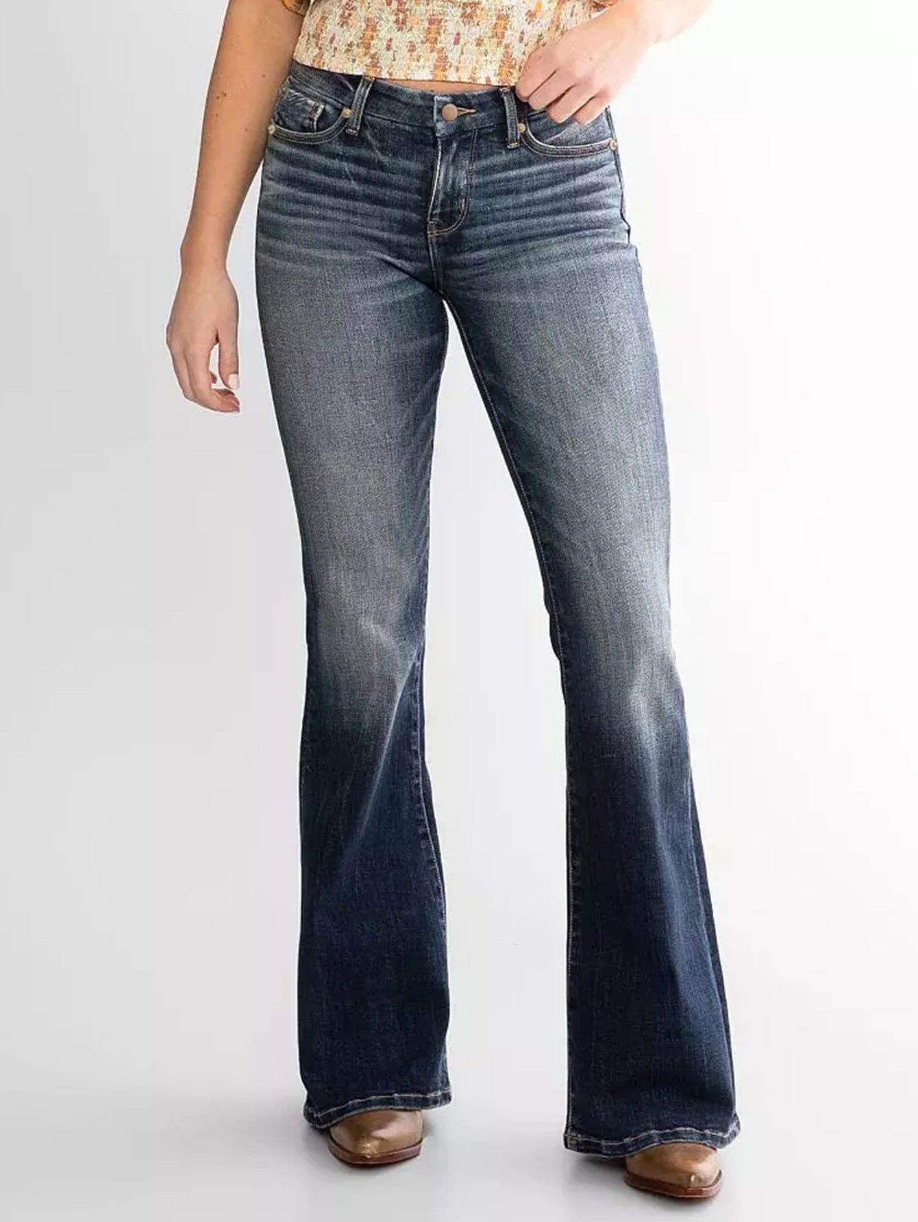 Ladies Mid Waist Slim Fit Stretch Retro Flared Jeans