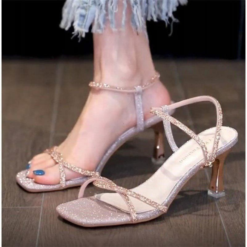 High Heel Open Toe Sandals Women's Stiletto Heel Fairy Style Summer Net Ladies