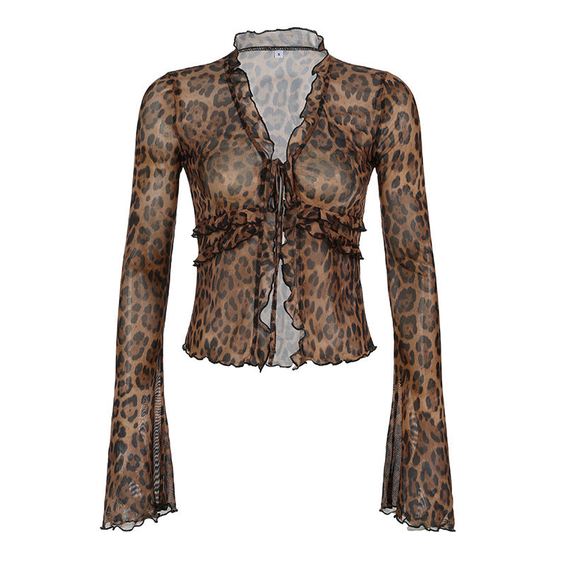 Women's Leopard Print Long Sleeve Blouse Lace-up Top