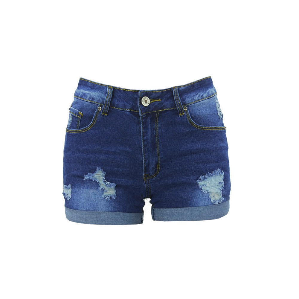 Fashion Ladies High Waisted Denim Shorts With Ripped Flanging