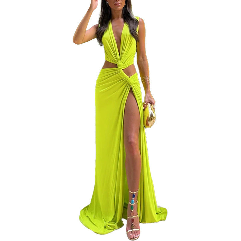 Hollow Knot Slit V-neck Sleeveless Pleated Irregular Dress