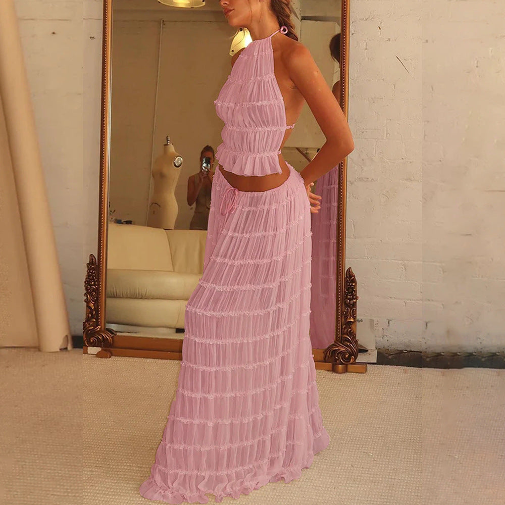 Backless Cropped Halter Top And Pleated Long Skirt Set