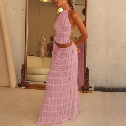 Backless Cropped Halter Top And Pleated Long Skirt Set