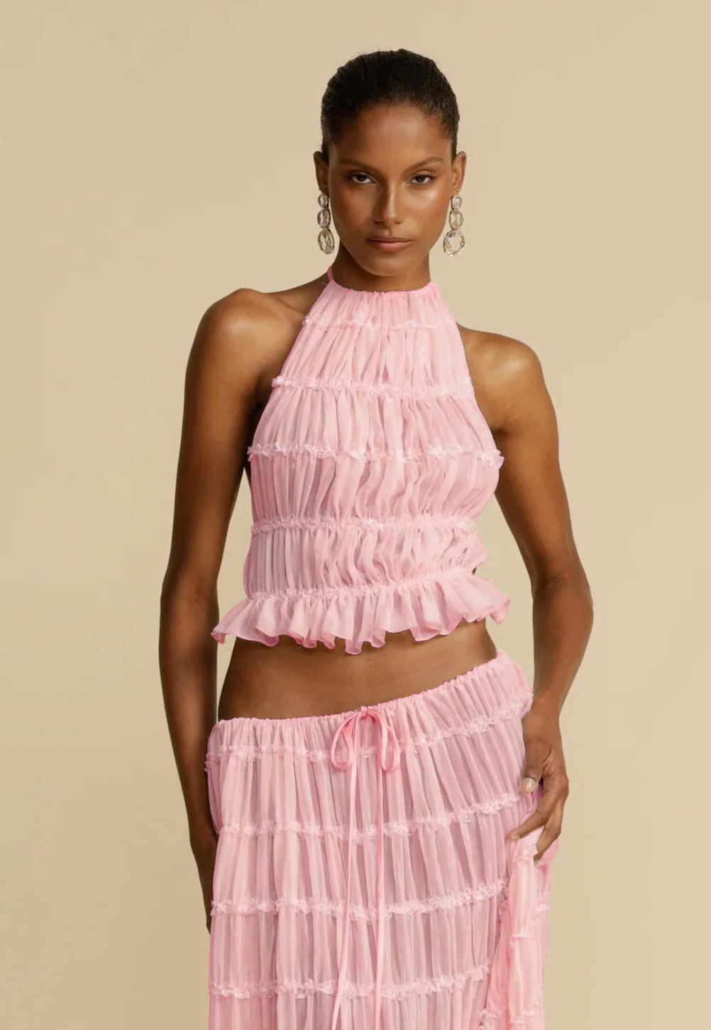 Backless Cropped Halter Top And Pleated Long Skirt Set