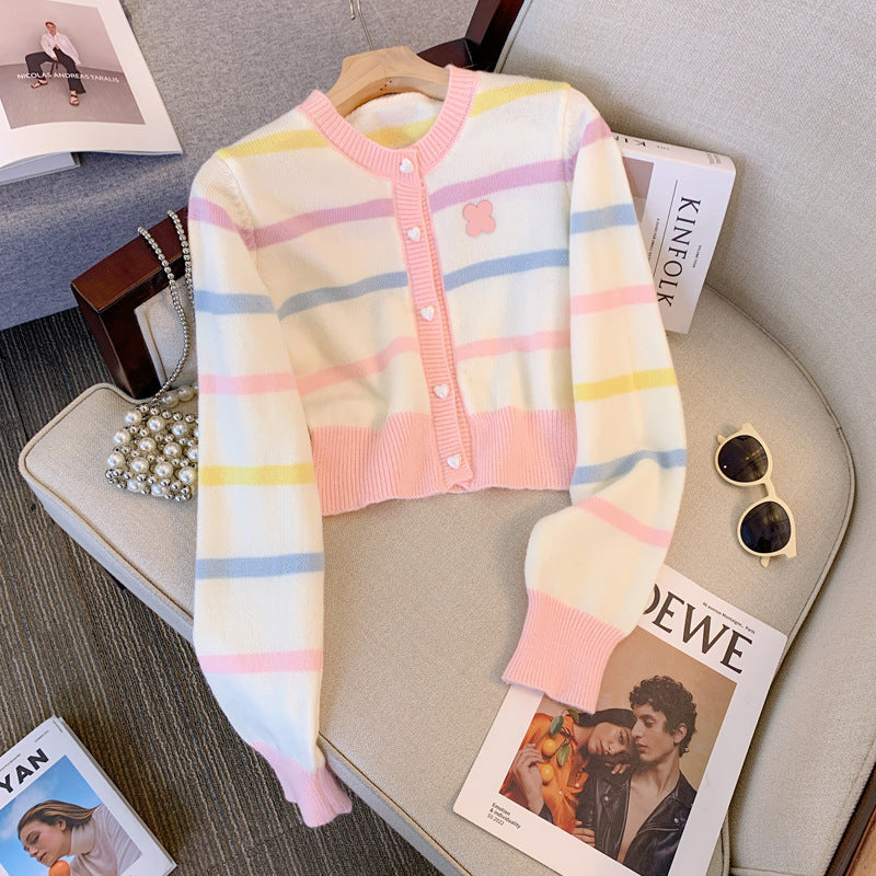 Heart Velvet Buckle Color Stripes Knitted Cardigan Top