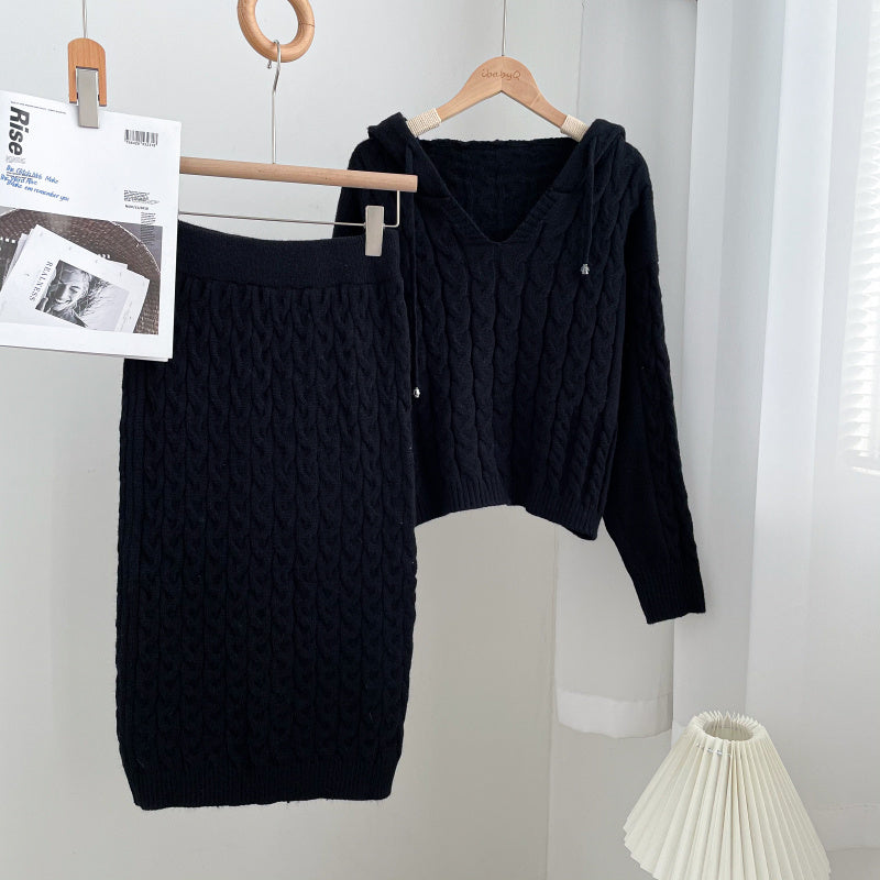 Loose Fried Dough Twists Knitting Sweater Skirt Set